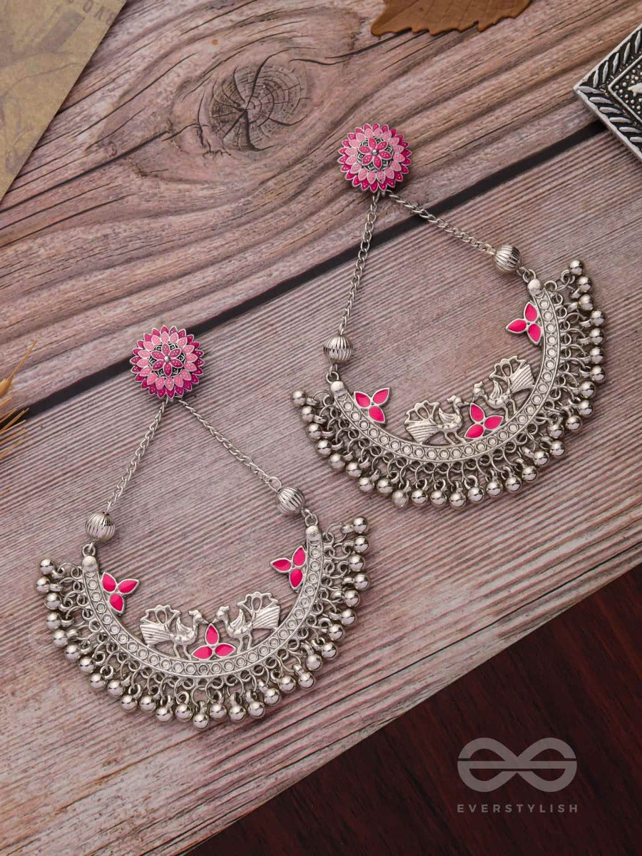 Mystical Peacocks In Pink - Embellished Oxidised Earrings