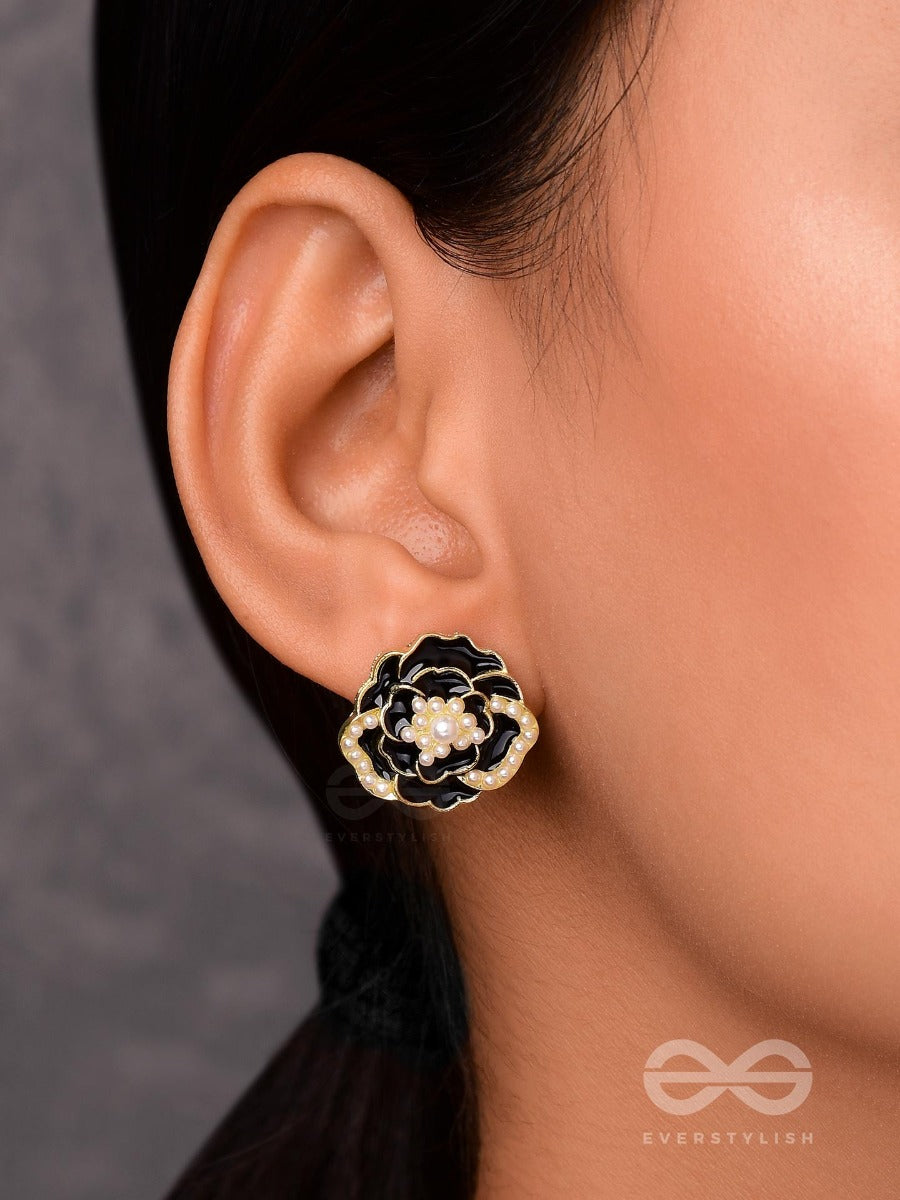 Dew Dropped Peonies - Golden Enamelled Studs (Black)