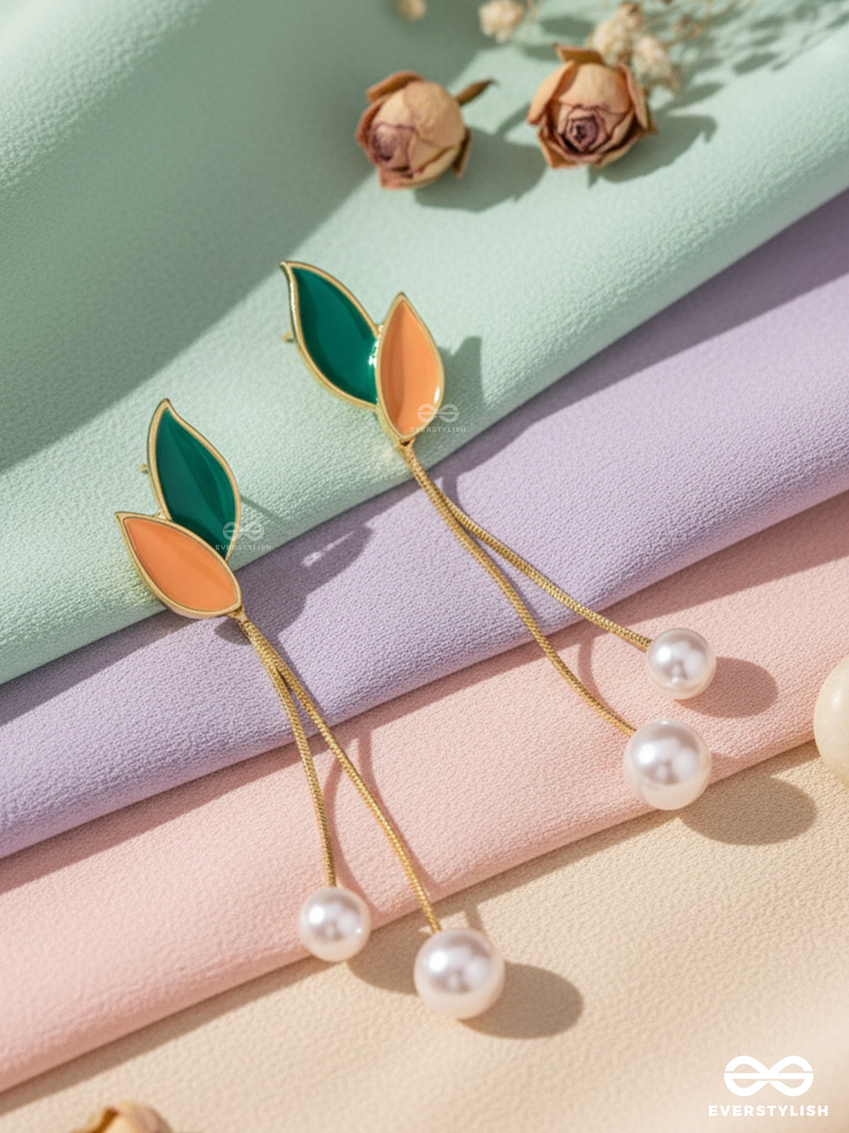 Always An Angel - Pearl & Enamelled Ear Jackets (Gold And Green)