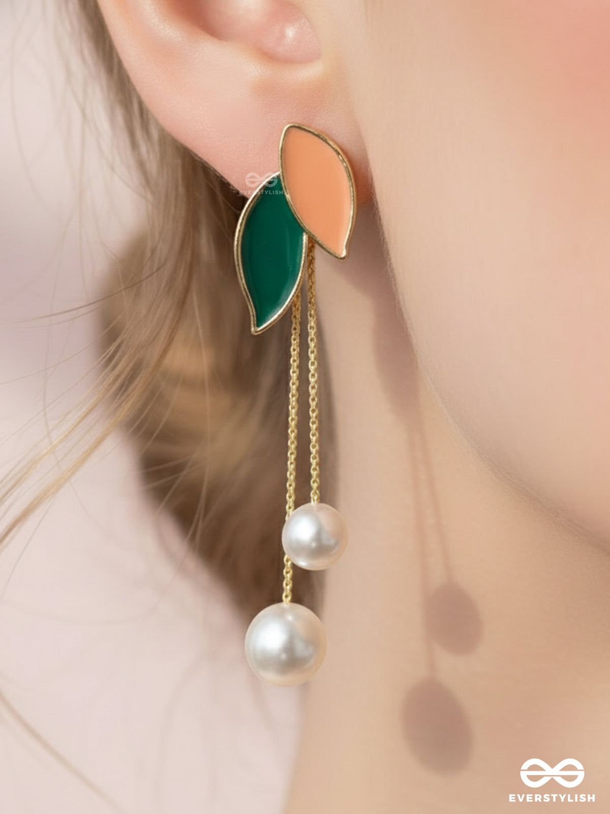 Always An Angel - Pearl & Enamelled Ear Jackets (Gold And Green)