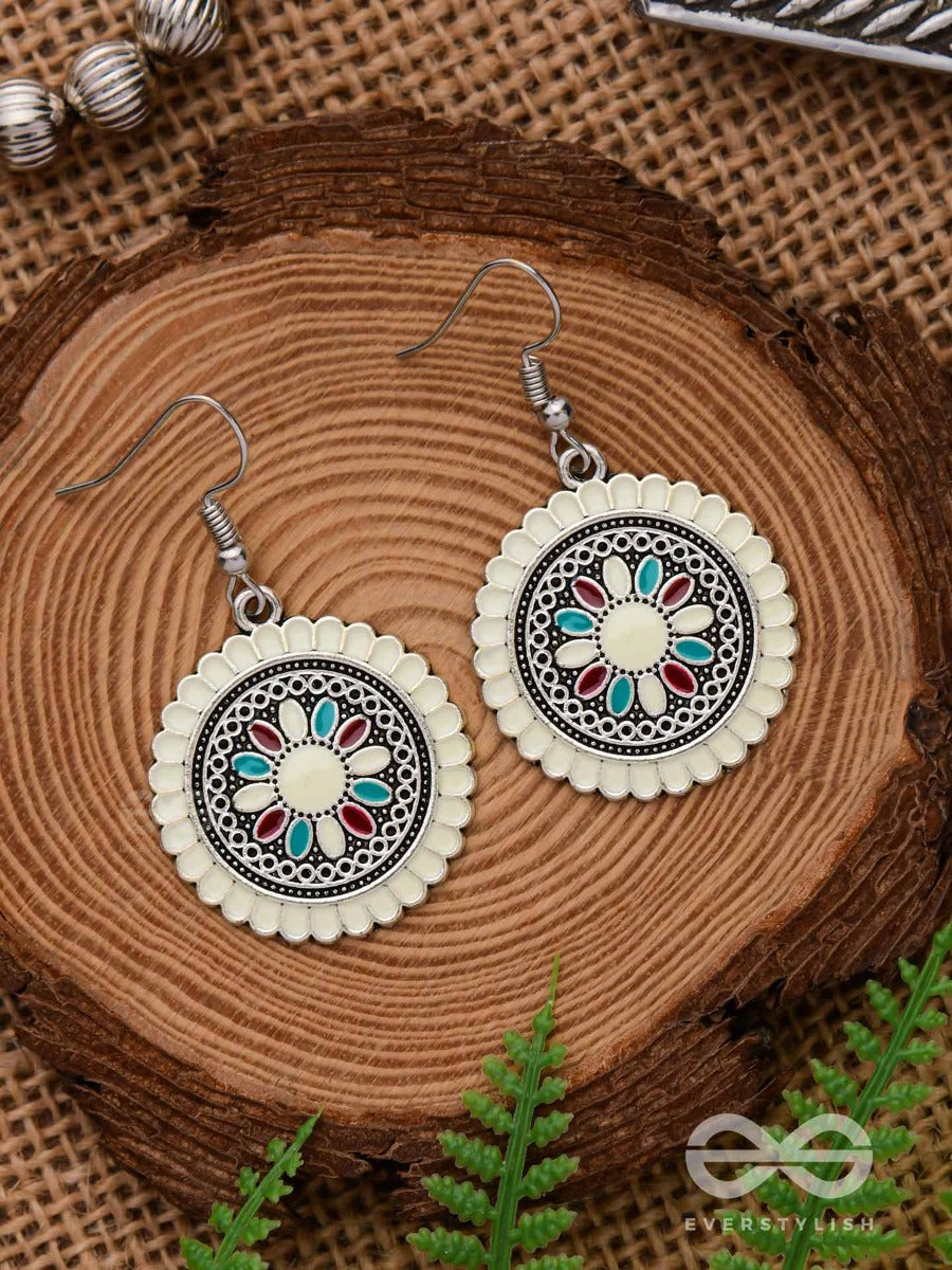 The Mandala Effect - Embellished Oxidised Earrings (White)