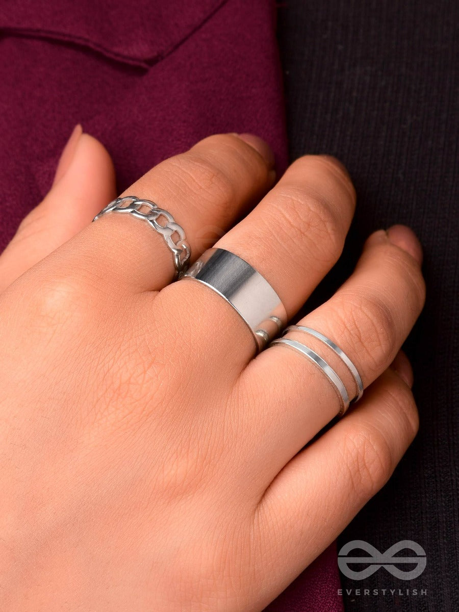 Bands N Chains- Set Of 3 Adjustable Silver Rings