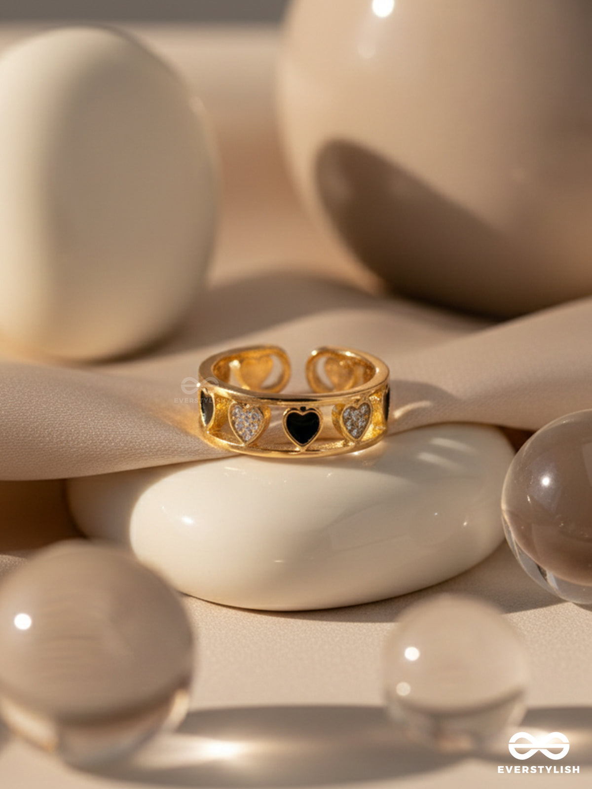 Enveloped In Hearts - Golden Statement Ring (Black)