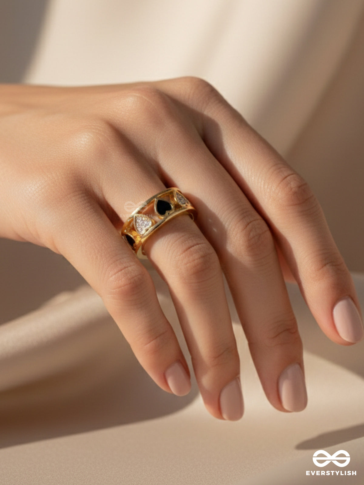 Enveloped In Hearts - Golden Statement Ring (Black)