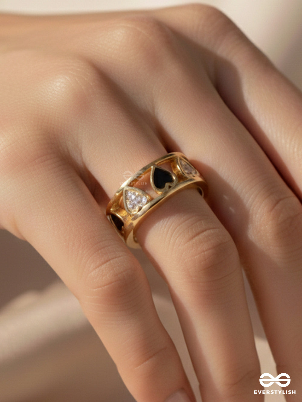 Enveloped In Hearts - Golden Statement Ring (Black)