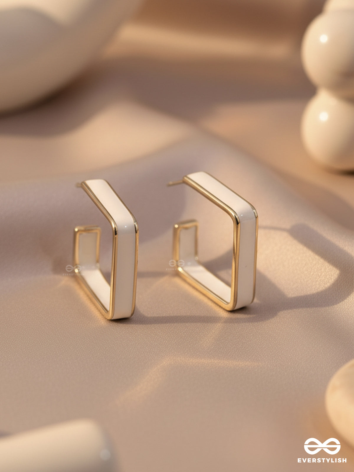 Once Upon A Square - Golden Enamelled Earrings (White)