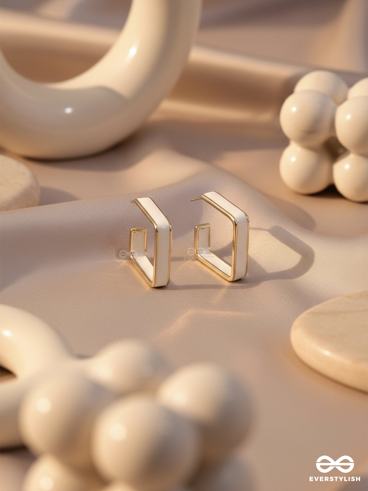 Once Upon A Square - Golden Enamelled Earrings (White)