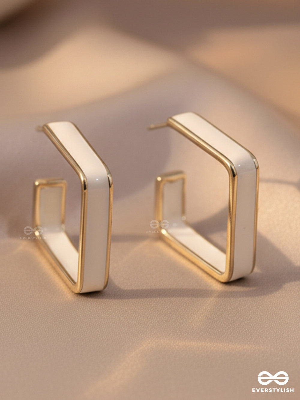 Once Upon A Square - Golden Enamelled Earrings (White)