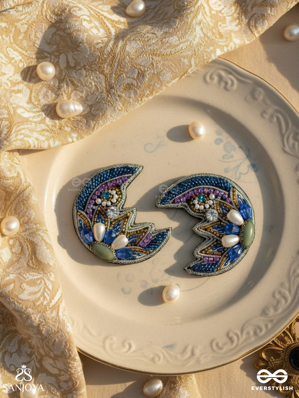 Somnivritta - Aura Of The Moon - Cut Dana, Stone, Pearl Drop And Beads Embroidered Earrings (Blue)