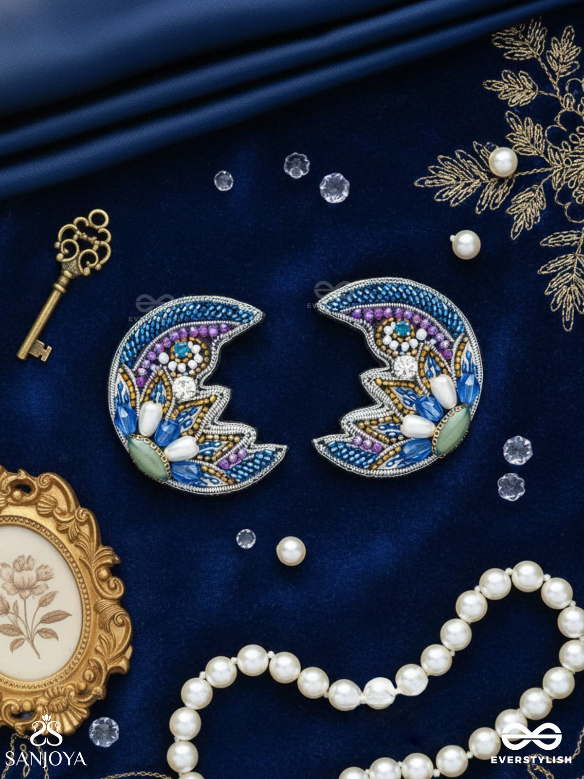 Somnivritta - Aura Of The Moon - Cut Dana, Stone, Pearl Drop And Beads Embroidered Earrings (Blue)