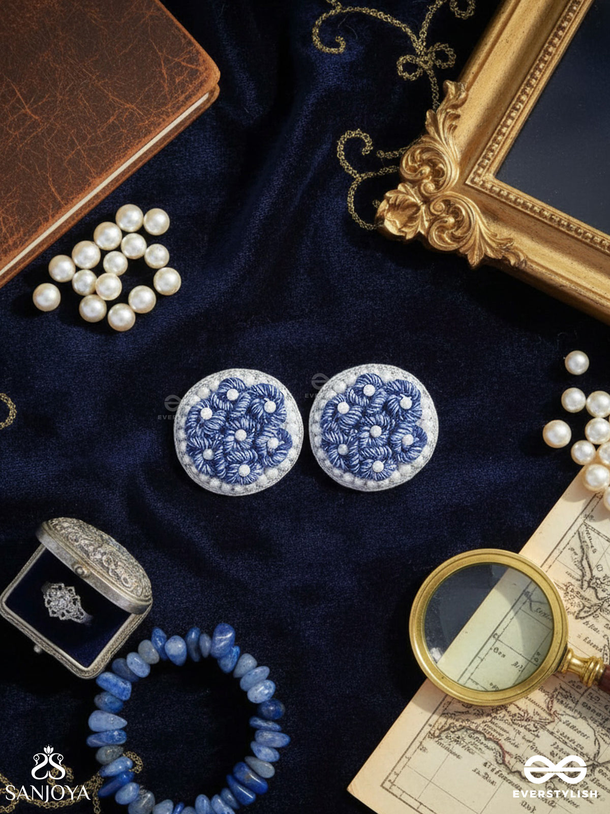Varali - The Lush Meadow - Pearl And Thread Embroidered Earrings (Blue)