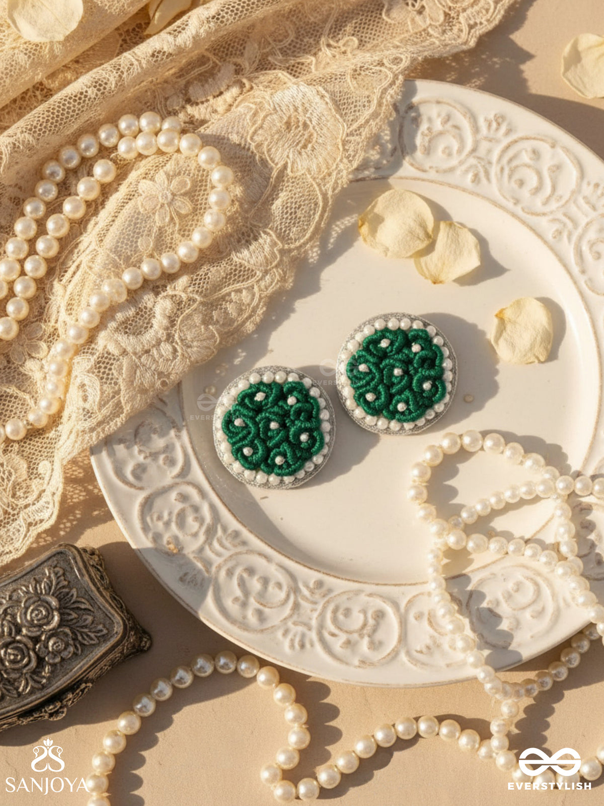Varali - The Lush Meadow - Pearl And Thread Embroidered Earrings (Green)