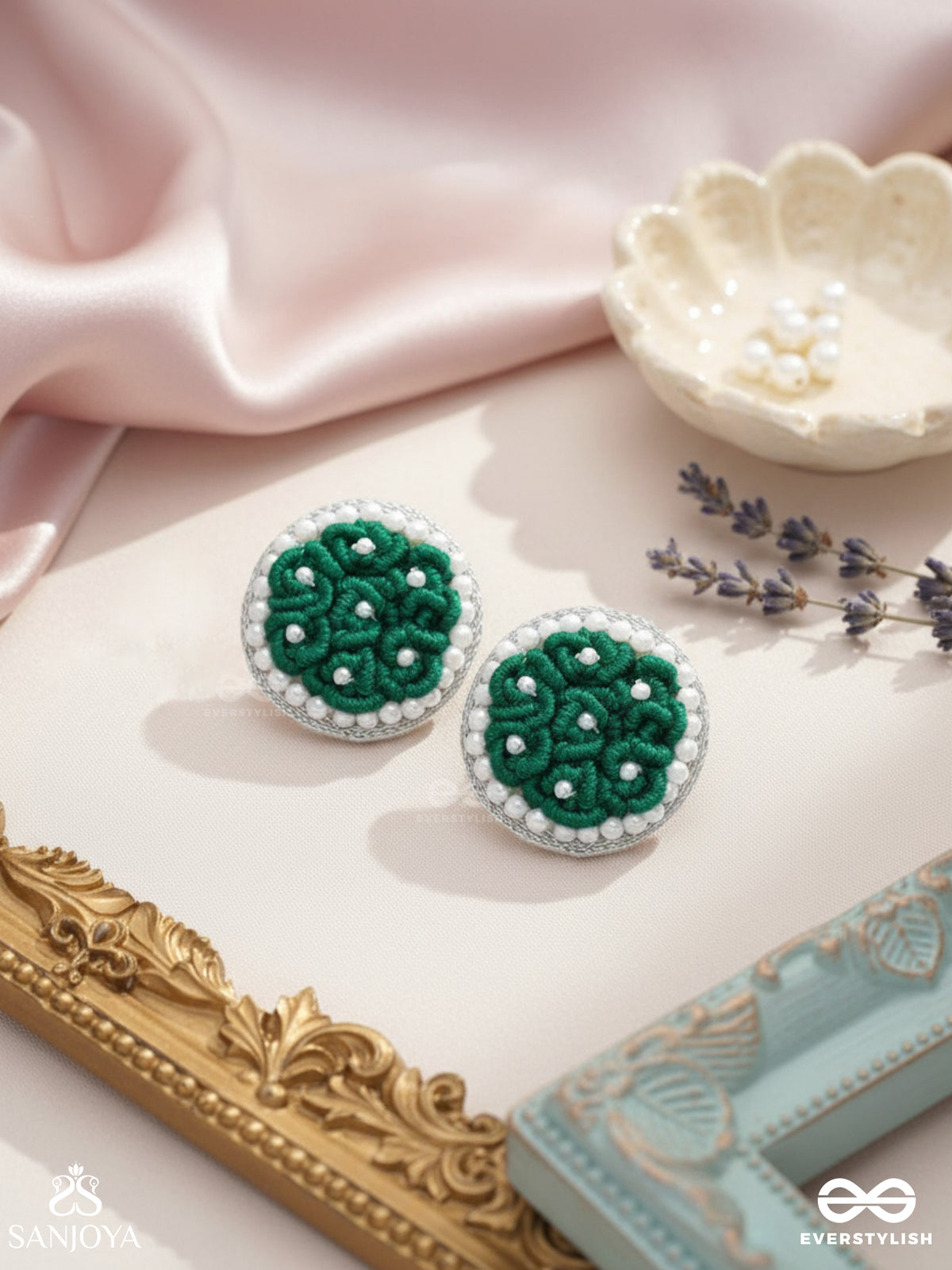 Varali - The Lush Meadow - Pearl And Thread Embroidered Earrings (Green)