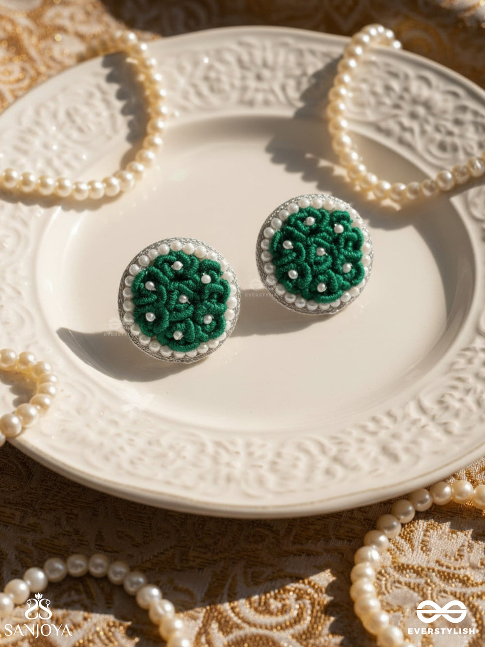 Varali - The Lush Meadow - Pearl And Thread Embroidered Earrings (Green)