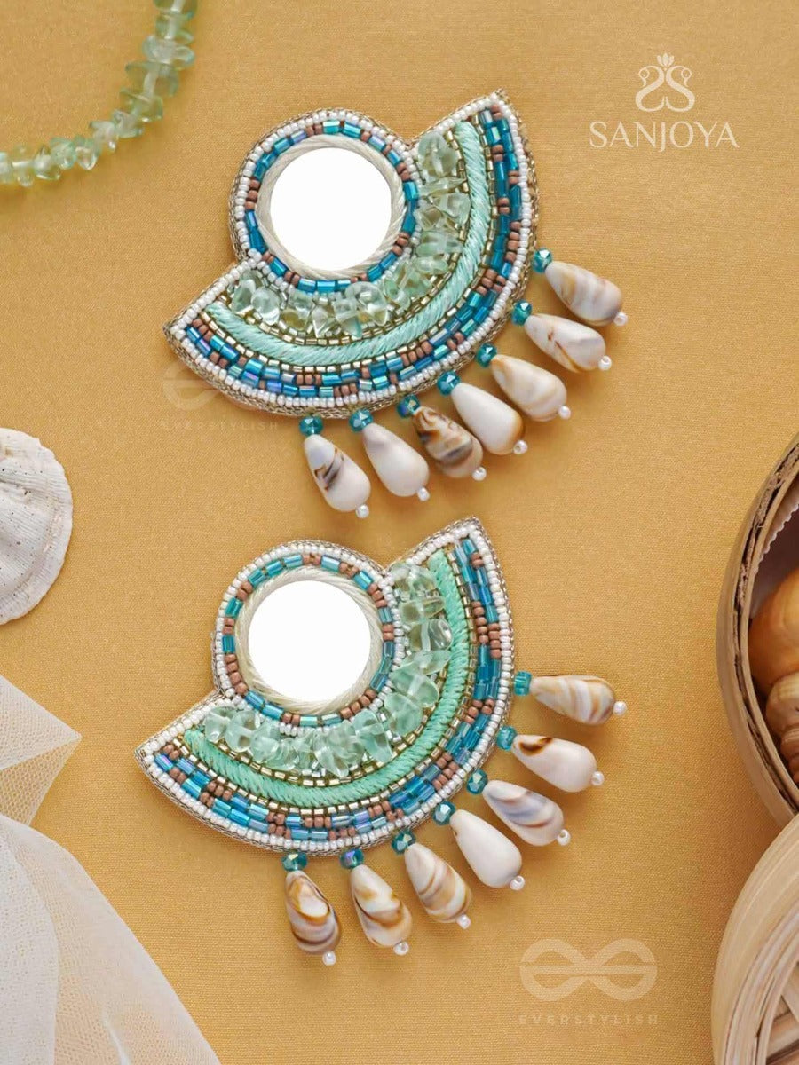Sagarini - The Aquatic Gleam - Mirror, Sequins, Shell Drop And Beads Hand Embroidered Earrings (Blue)