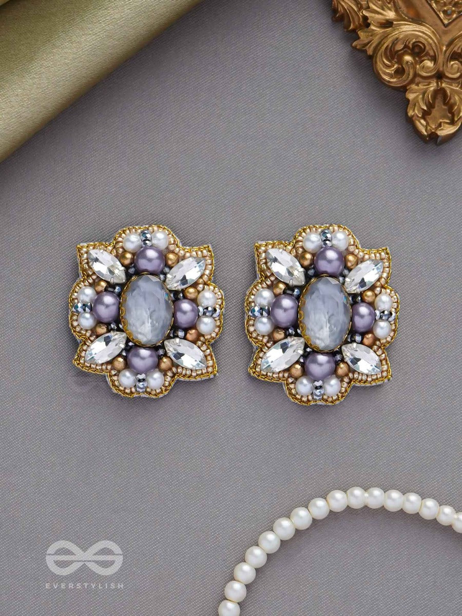 Chandravalli - The Smoky Moon - Stone, Pearls And Beads Embroidered Earrings (Gray)
