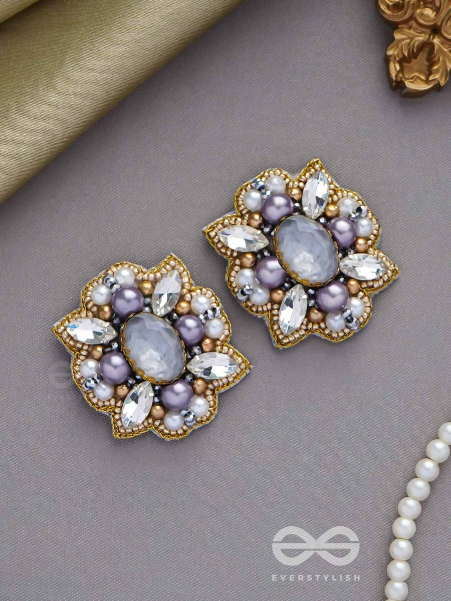 Chandravalli - The Smoky Moon - Stone, Pearls And Beads Embroidered Earrings (Gray)