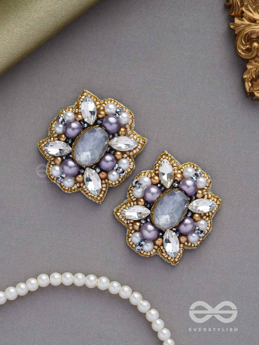 Chandravalli - The Smoky Moon - Stone, Pearls And Beads Embroidered Earrings (Gray)
