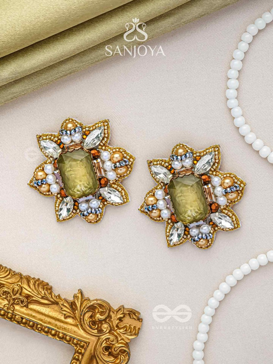 Dyauta - Star Like Glow - Stone And Beads Hand Embroidered Stud Earrings