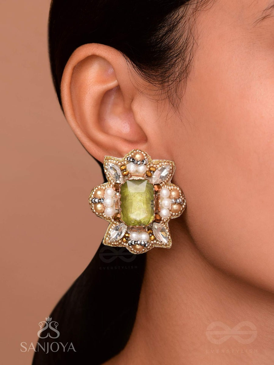 Dyauta - Star Like Glow - Stone And Beads Hand Embroidered Stud Earrings