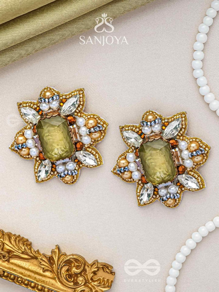 Dyauta - Star Like Glow - Stone And Beads Hand Embroidered Stud Earrings