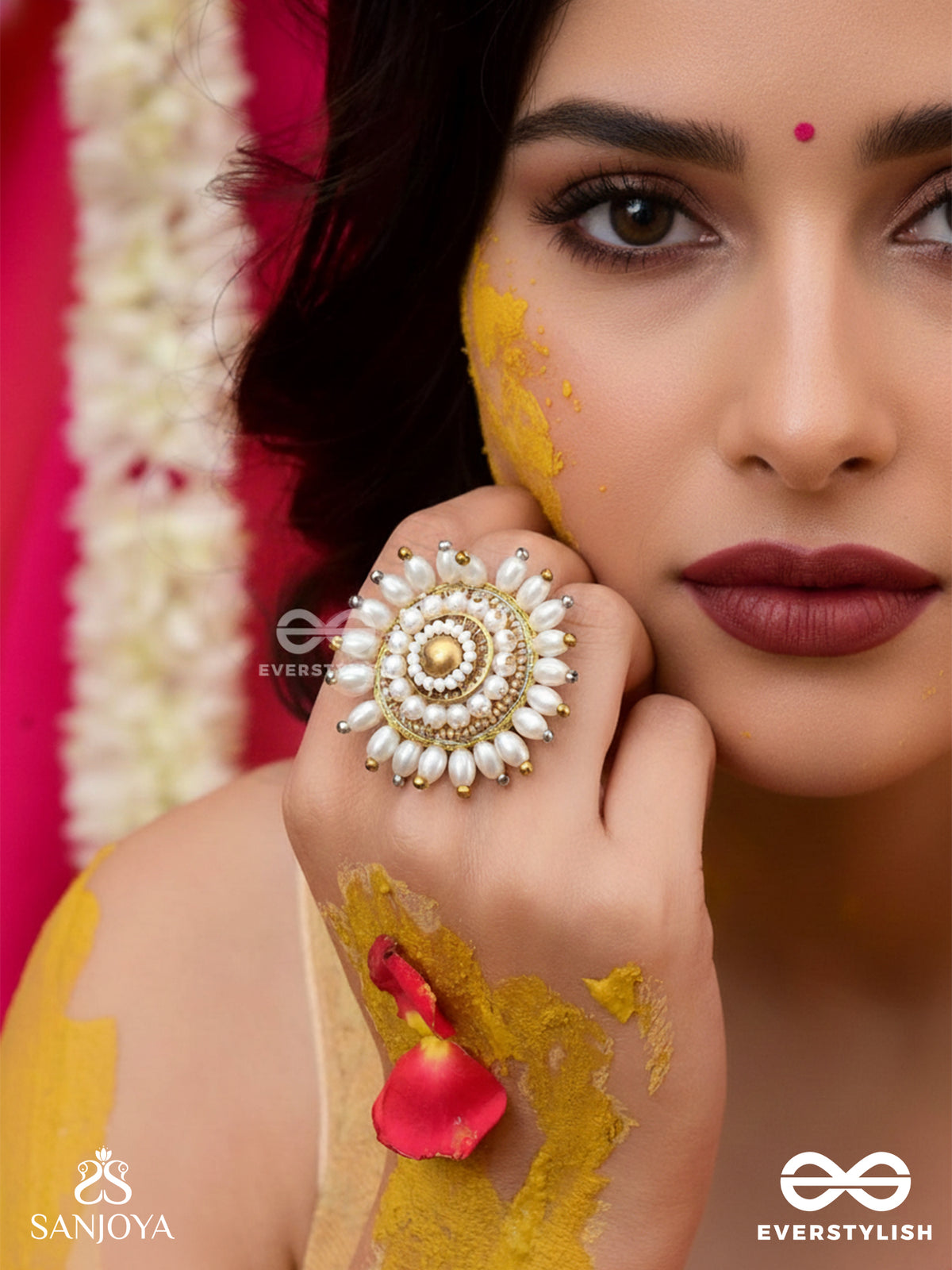 Motishobhini - The Pearl Radiance - Pearls And Beads Embroidered Ring (White & Golden)