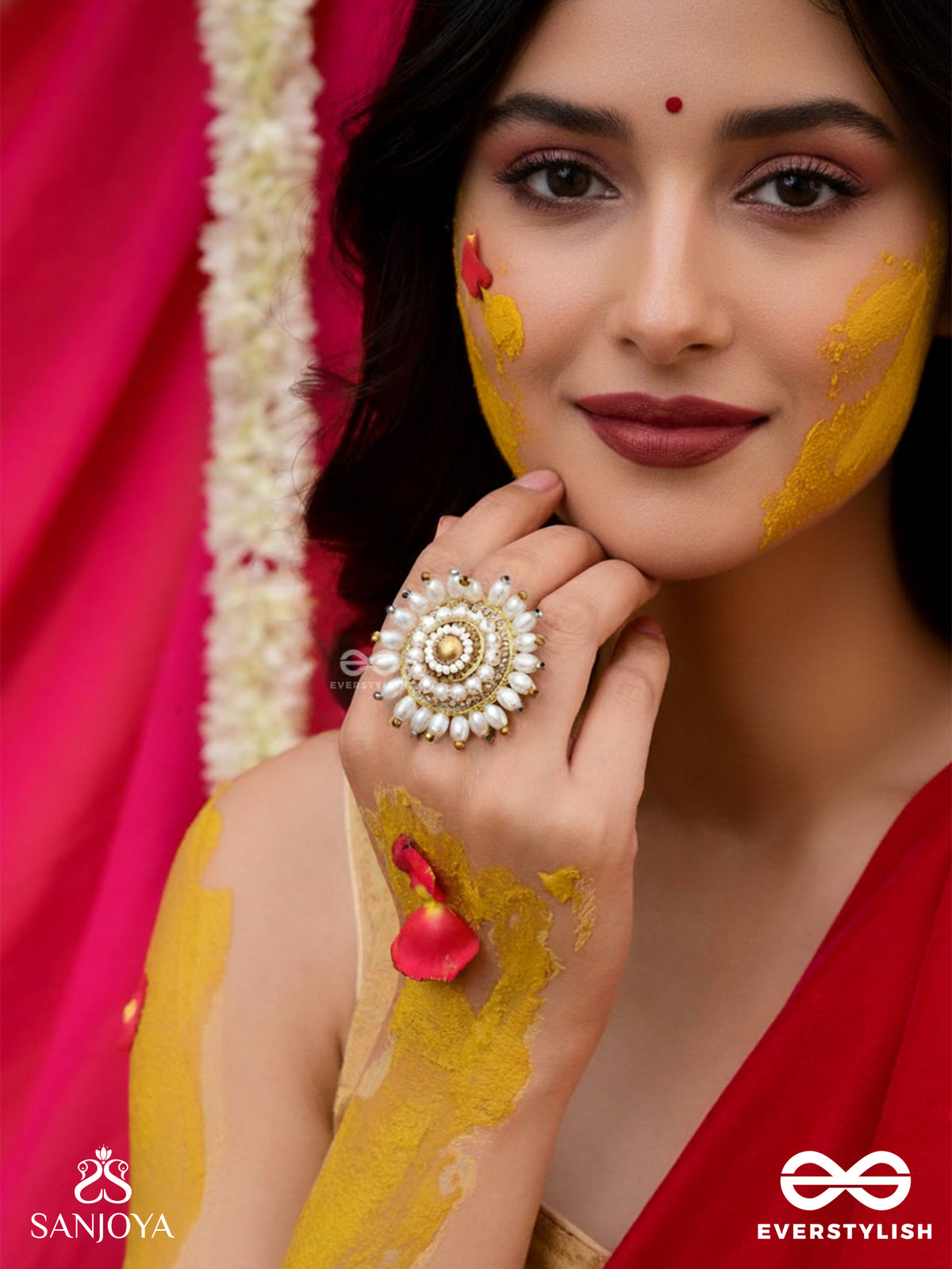 Motishobhini - The Pearl Radiance - Pearls And Beads Embroidered Ring (White & Golden)