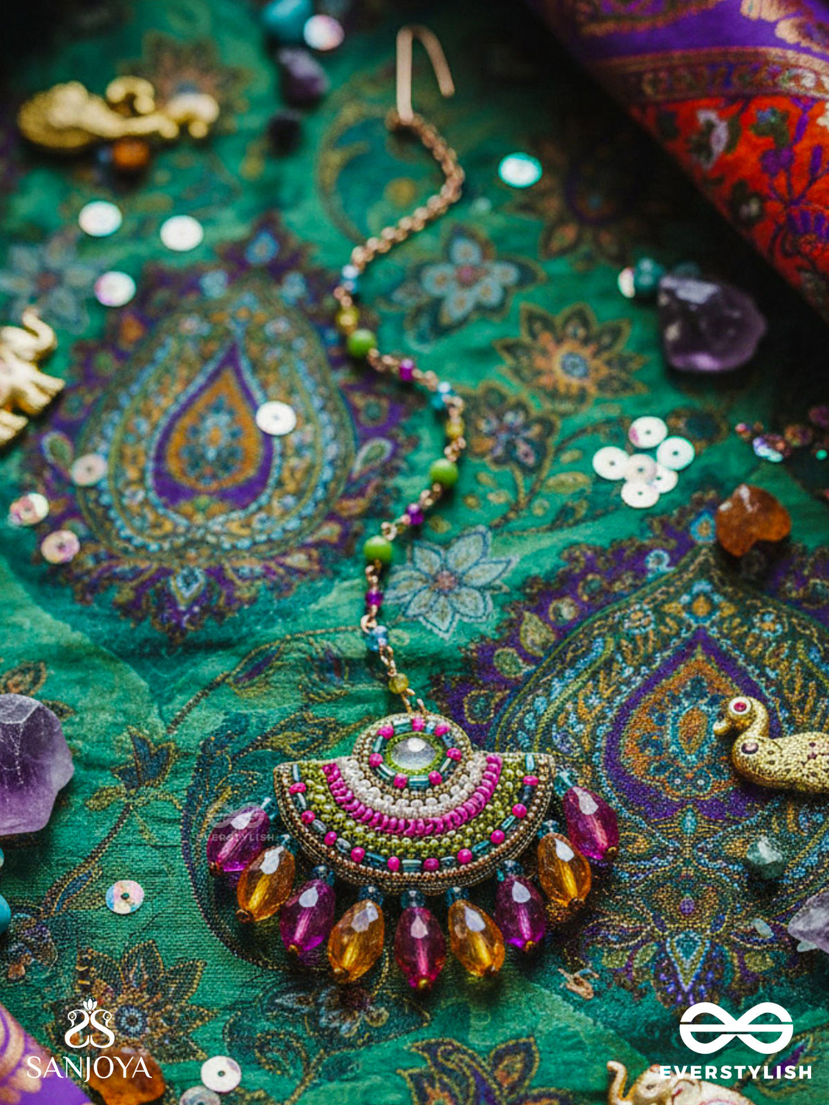 Adibhya - A Colorful Carnival - Sequins, Beads And Glass Drop Embroidered Maangtika