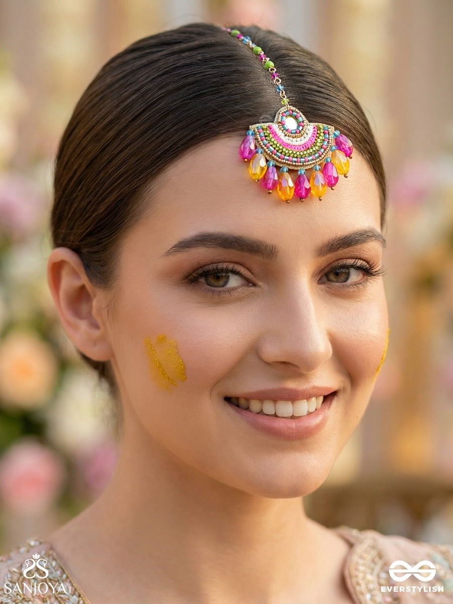 Adibhya - A Colorful Carnival - Sequins, Beads And Glass Drop Embroidered Maangtika