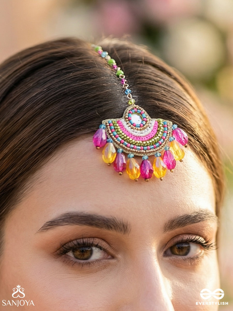 Adibhya - A Colorful Carnival - Sequins, Beads And Glass Drop Embroidered Maangtika