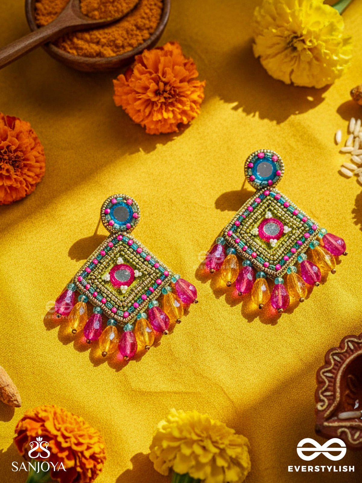 Varnarangini - Colorful Beauty - Mirror, Beads And Cut Dana Embroidered Earrings