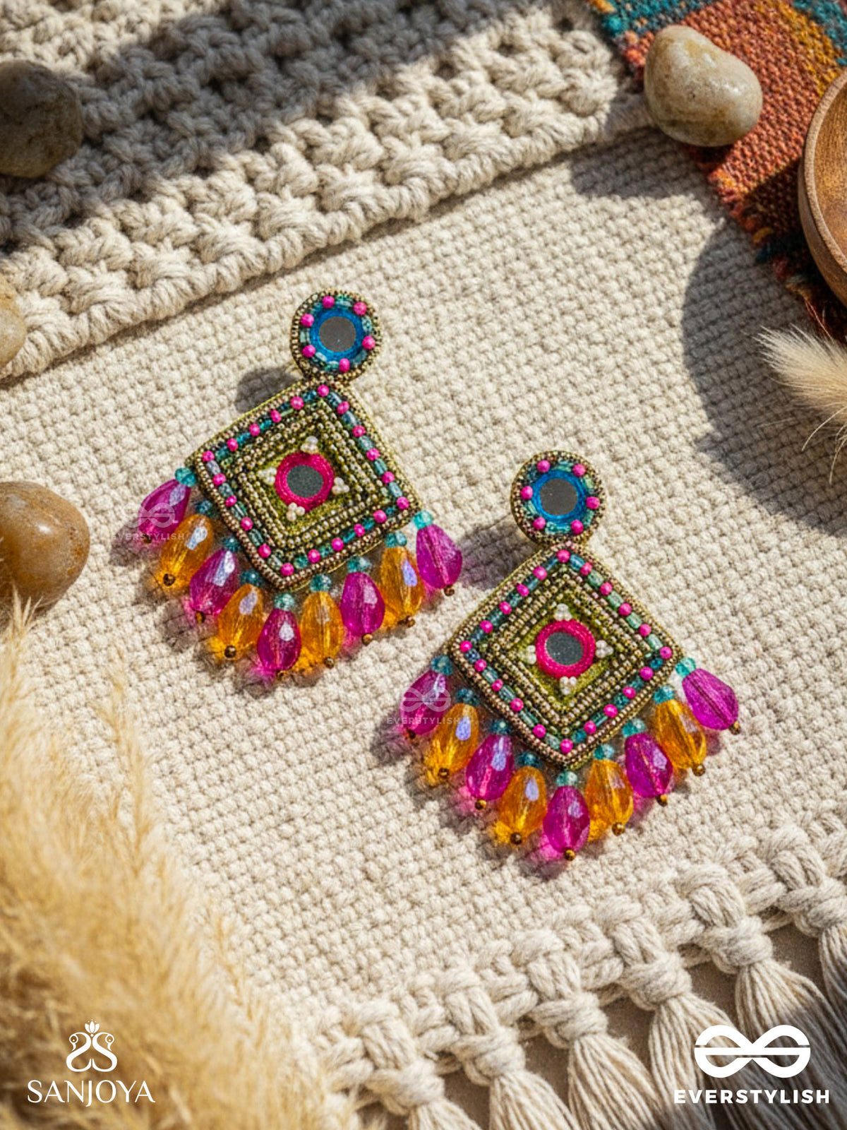 Varnarangini - Colorful Beauty - Mirror, Beads And Cut Dana Embroidered Earrings
