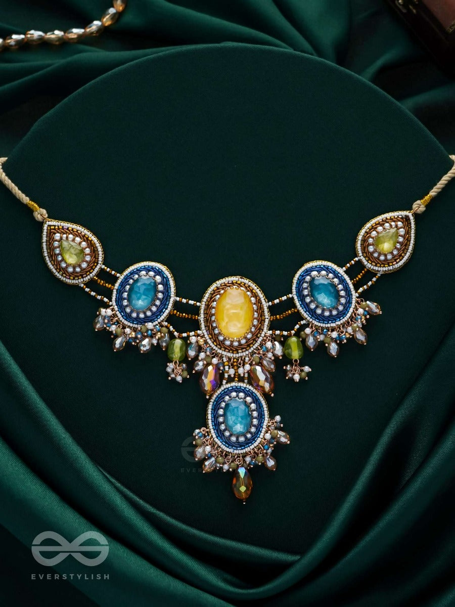 Suvibhushita - Adorned With Splendor - Stones, Glass Drops And Beads Hand Embroidered Neckpiece