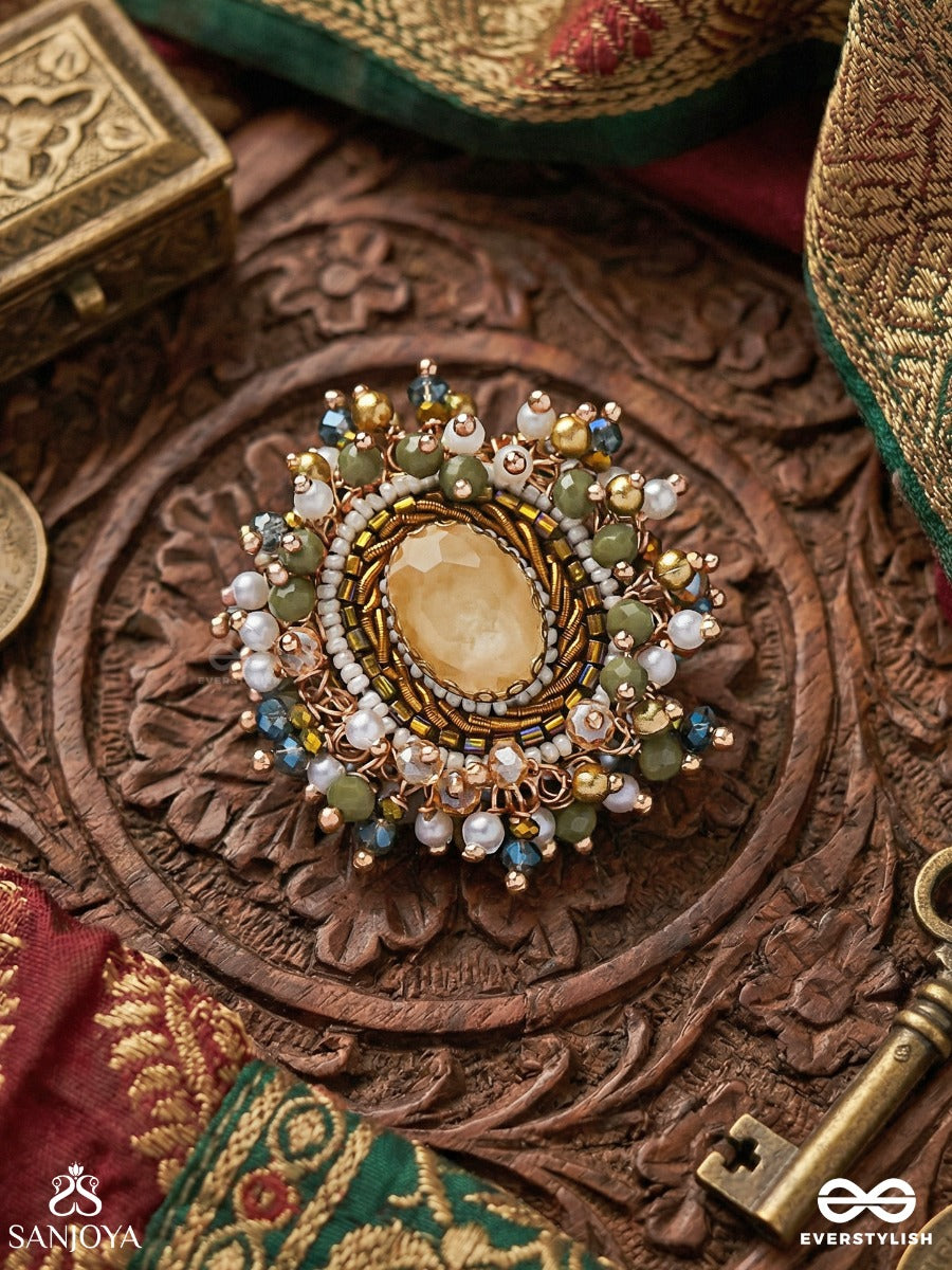Prakhyaati - The Illuminating Crystal - Stone And Beads Embroidered Ring (Multicolor)
