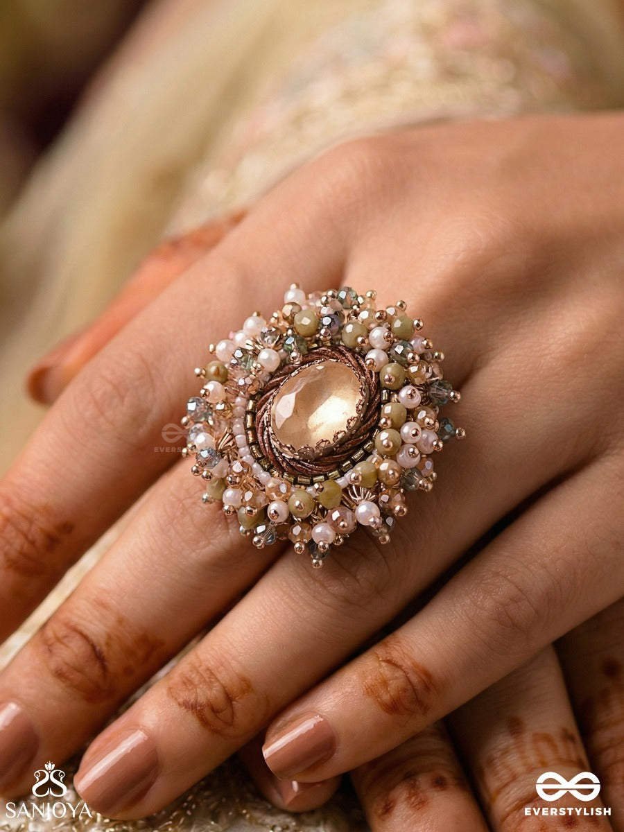 Prakhyaati - The Illuminating Crystal - Stone And Beads Embroidered Ring (Multicolor)