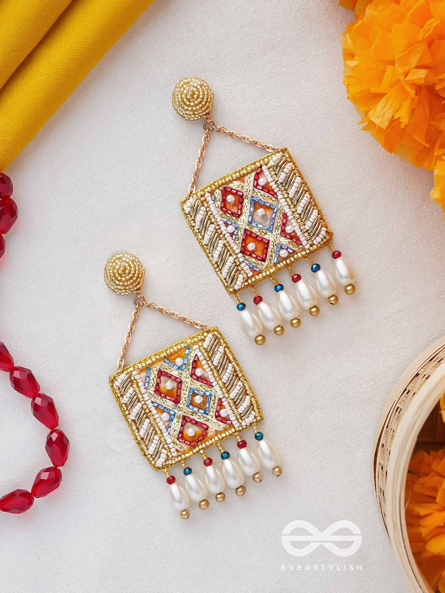 Nitamba - Golden Elegance Glimpse - Beads And Pearl Drops Embroidered Earrings