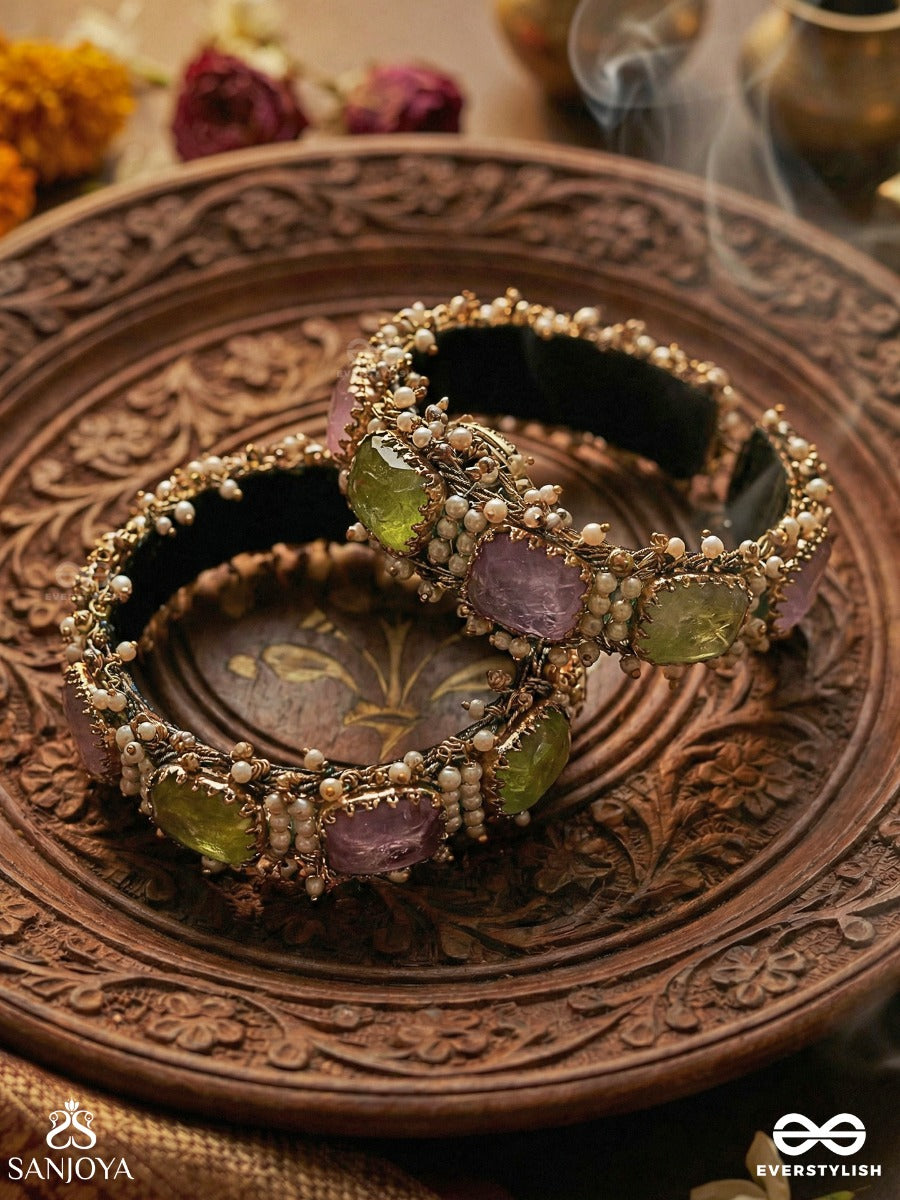 Antika - Finely Made - Stone And Beads Embroidered Bangles (Set Of 2)