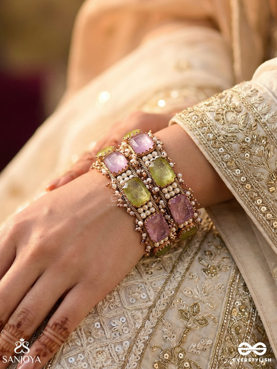 Antika - Finely Made - Stone And Beads Embroidered Bangles (Set Of 2)
