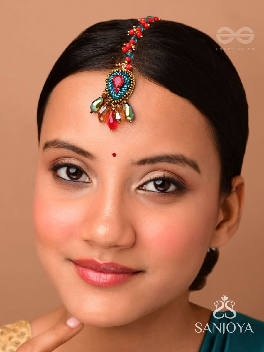 Komya - The Polished Charisma - Stone, Beads And Glass Drop Embroidered Maangtika