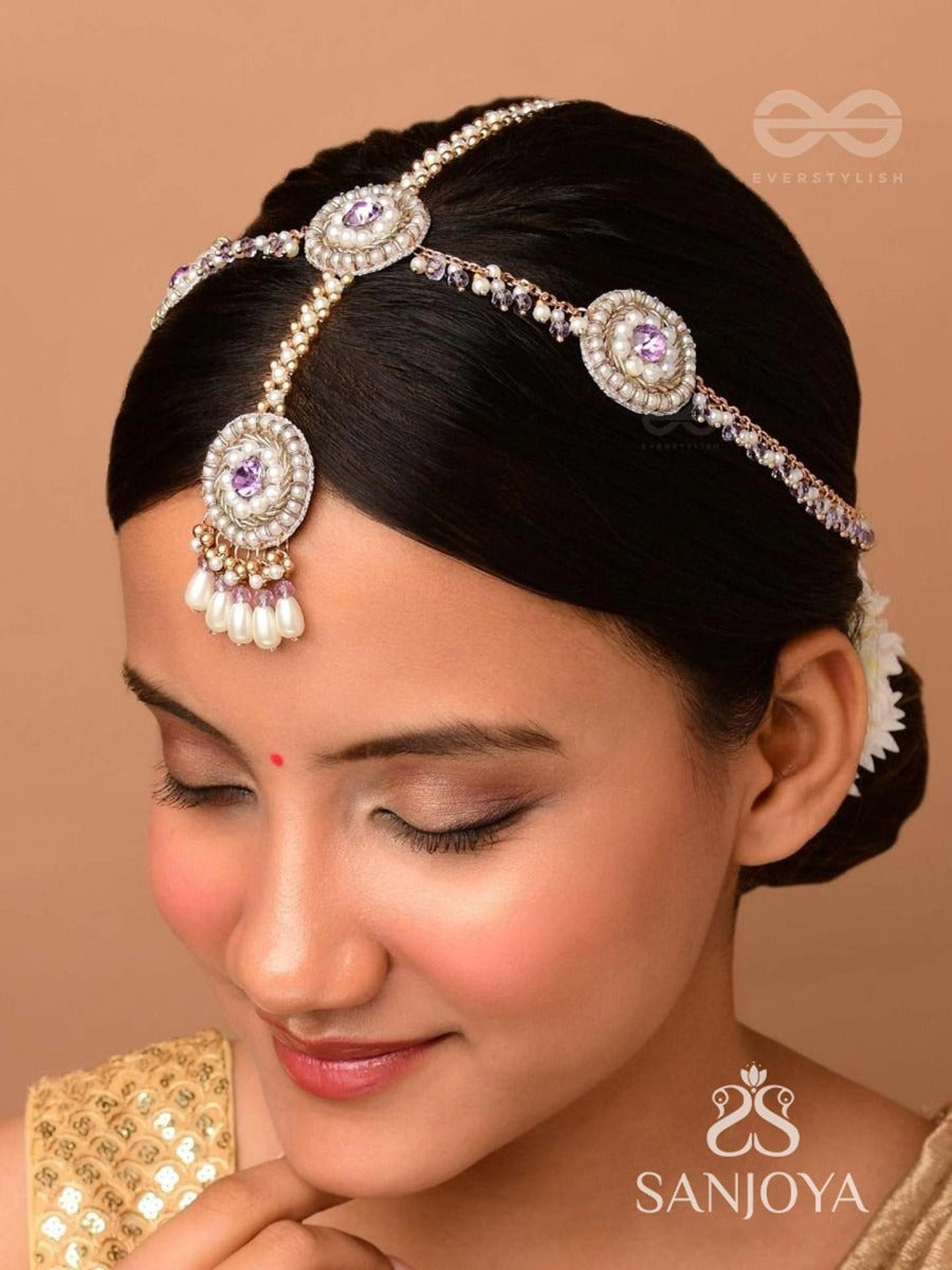Kanichi - A Floral Blossom - Pearl Drops, Beads And Stone Hand Embroidered Maathapatti