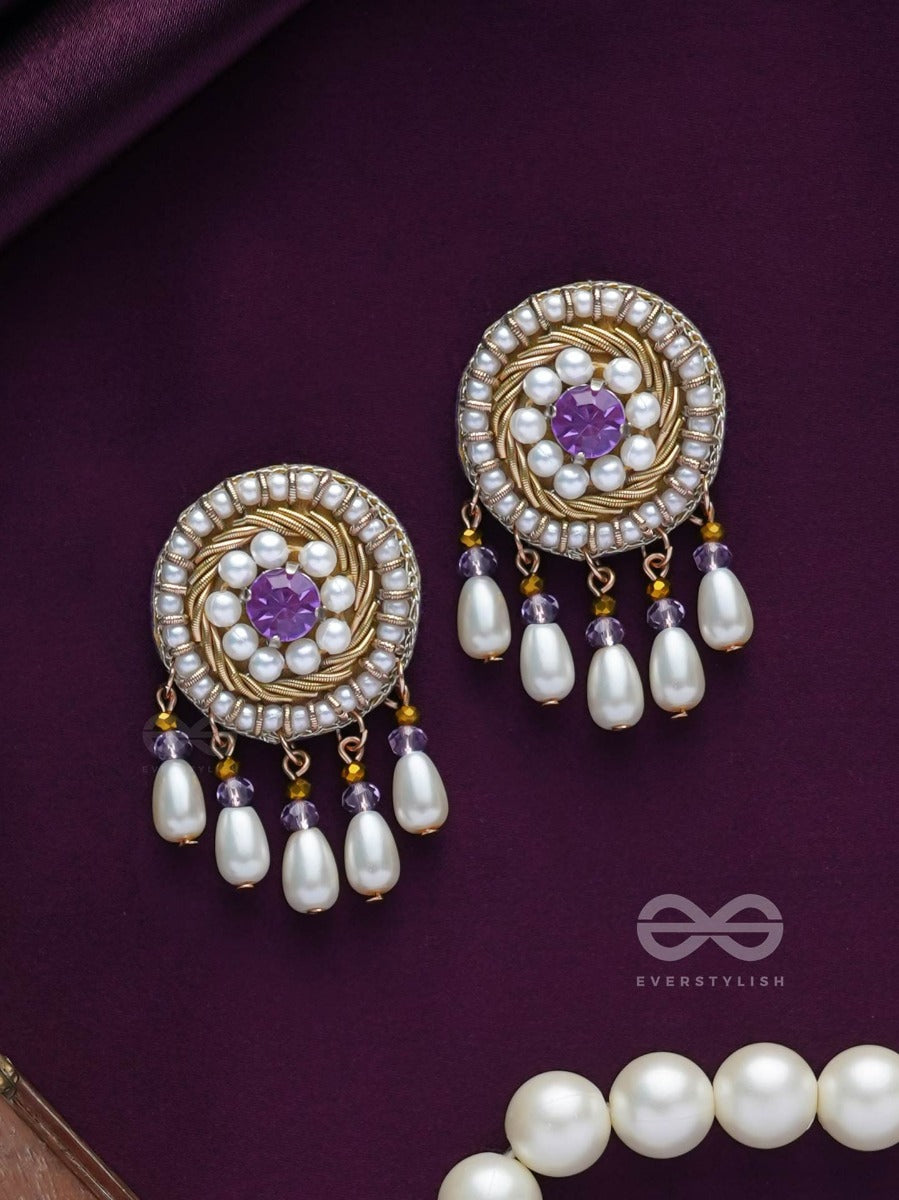 Tarunika - A Young Bud - Stone, Pearls And Beads Embroidered Earrings (Purple & White)
