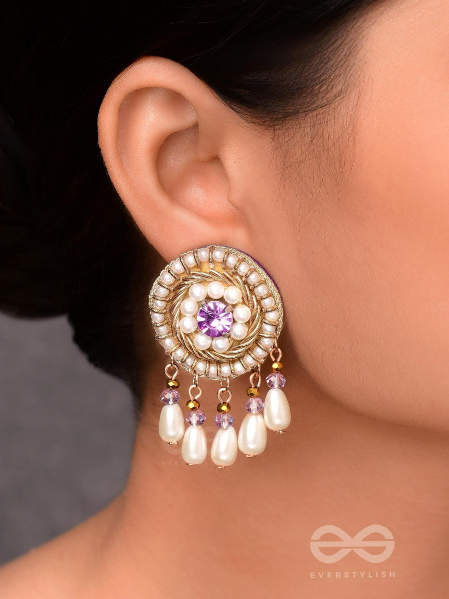 Tarunika - A Young Bud - Stone, Pearls And Beads Embroidered Earrings (Purple & White)