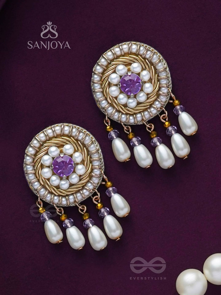 Tarunika - A Young Bud - Stone, Pearls And Beads Embroidered Earrings (Purple & White)