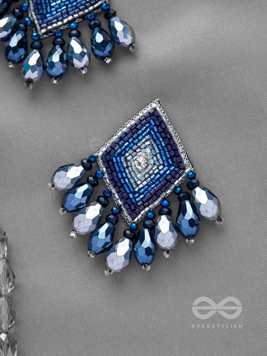 Yasas - The Illuminated Fame- Stone, Cut Dana And Glass Drops Embroidered Earrings (Blue)