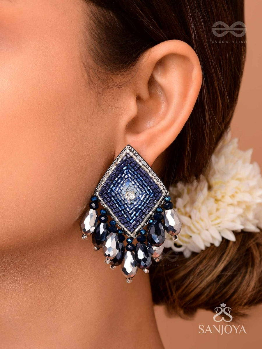 Yasas - The Illuminated Fame- Stone, Cut Dana And Glass Drops Embroidered Earrings (Blue)