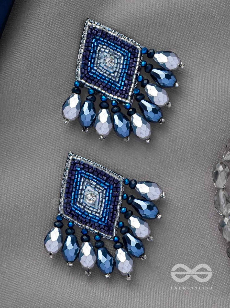 Yasas - The Illuminated Fame- Stone, Cut Dana And Glass Drops Embroidered Earrings (Blue)