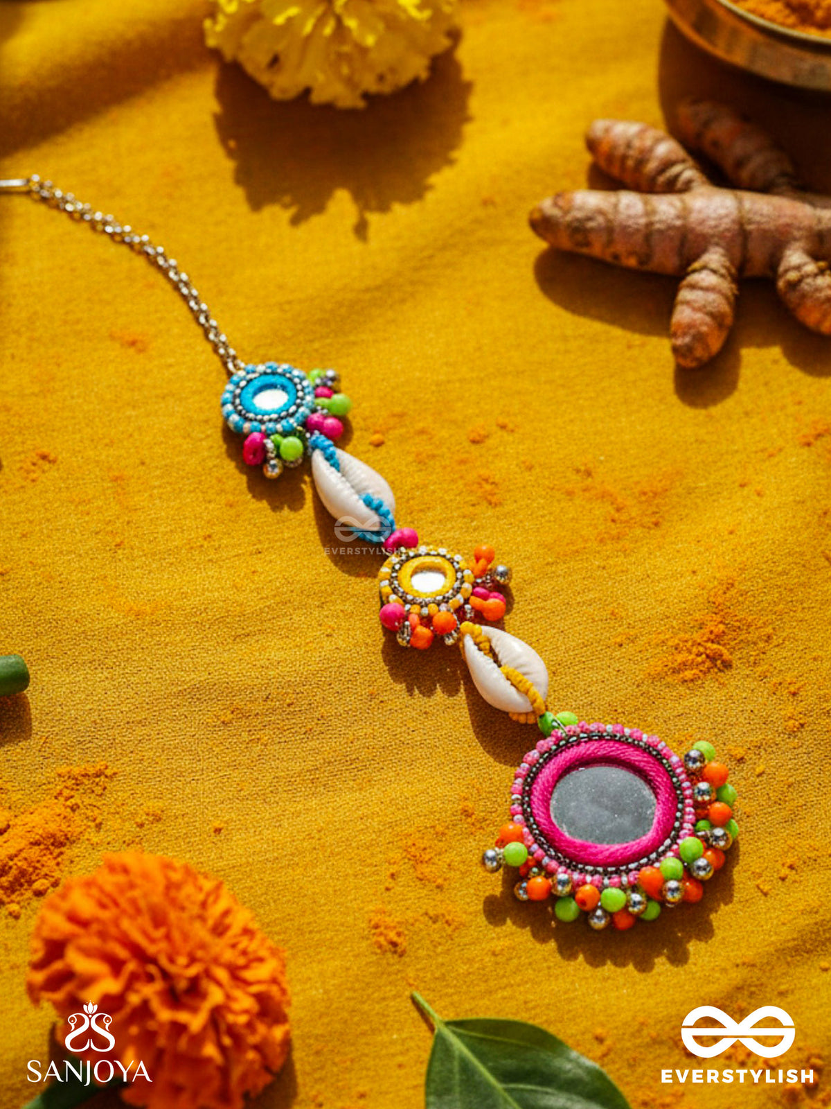 Pratimita - Beauty In Mirror - Shell, Beads And Mirror Embroidered Maangtika