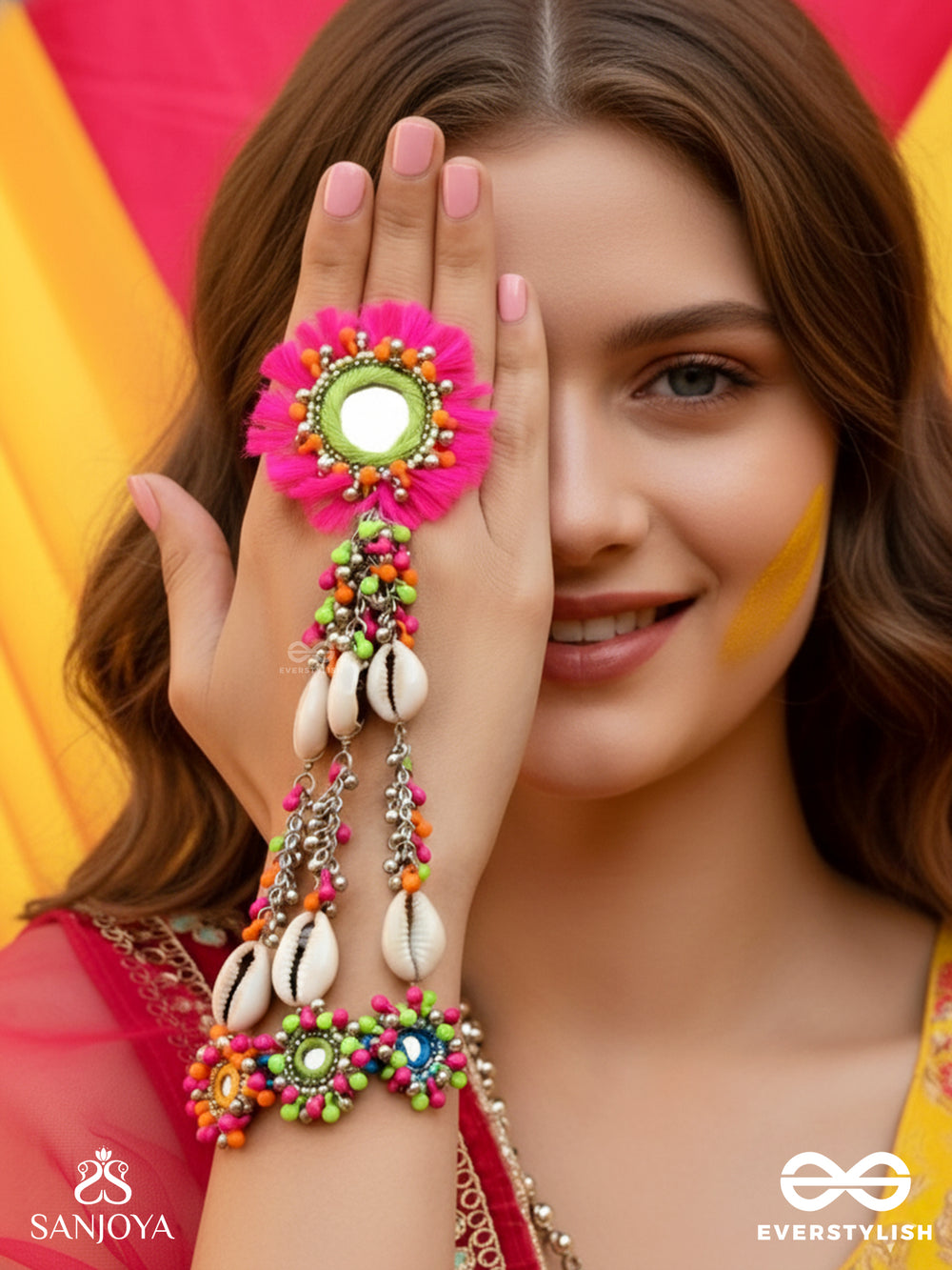 Sudarpana - Colorful Reflection - Resham, Shells And Beads Hand Embroidered Haathphool