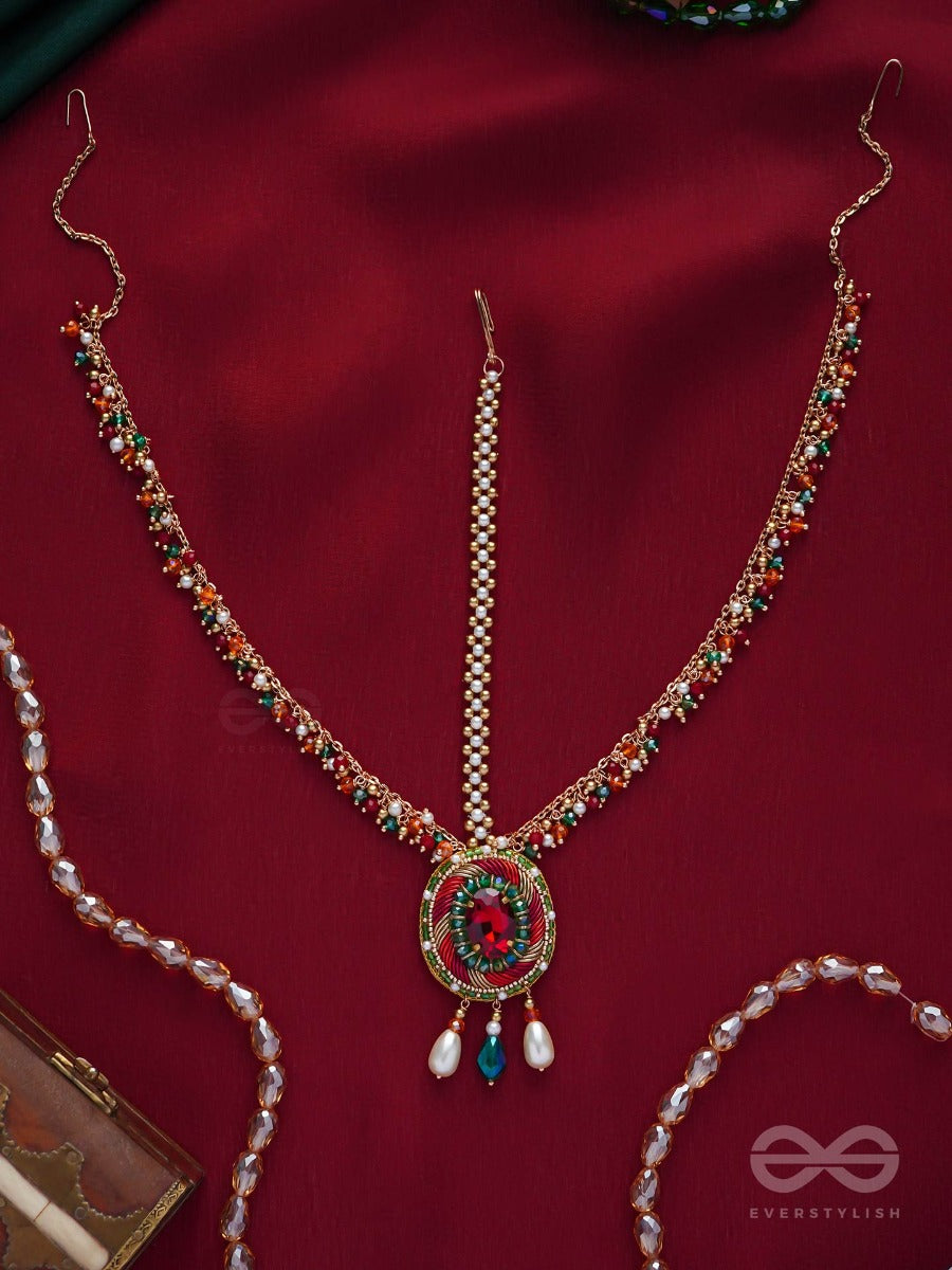 Madhuvardha - A Red Cloud - Stone And Beads Embroidered Maangtika