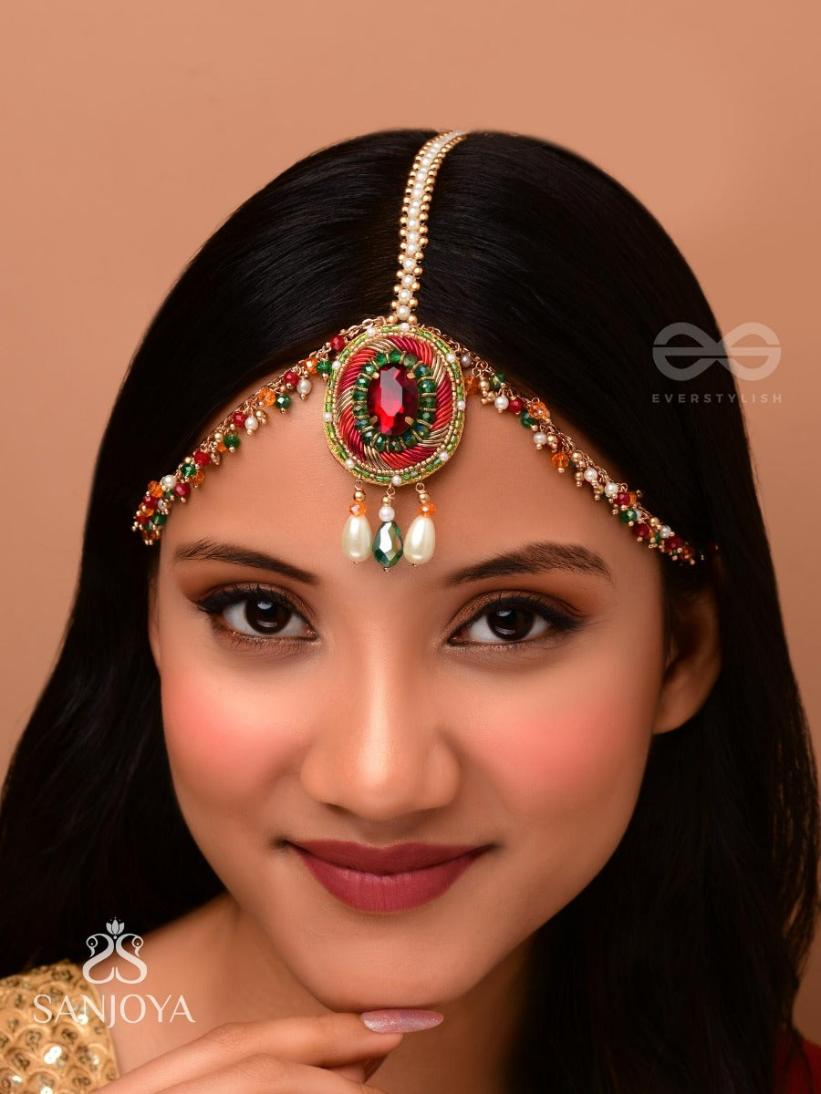 Madhuvardha - A Red Cloud - Stone And Beads Embroidered Maangtika